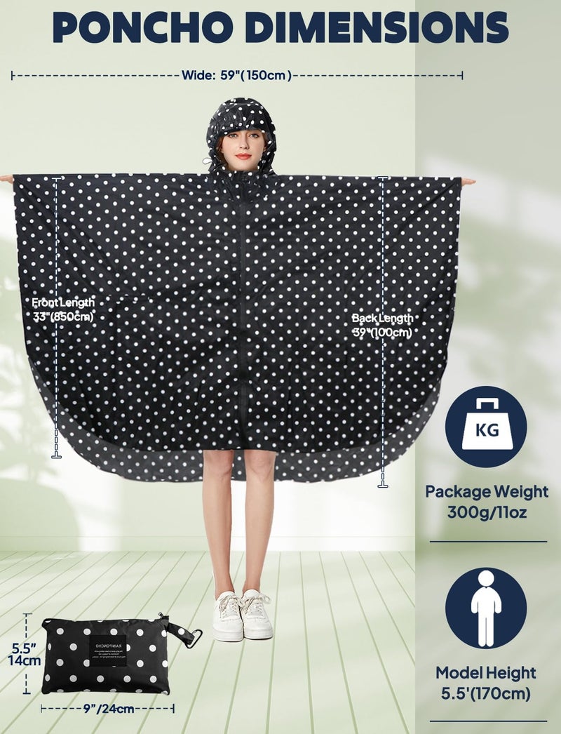 ANYOO Waterproof Rain Poncho Lightweight Reusable Hiking Hooded Coat Jacket for Outdoor Activities(Dot-Black) One Size - Image 2